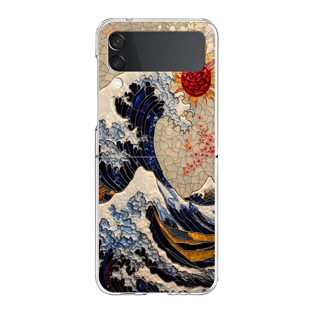 Transparent Phone Case For Samsung Galaxy Z Flip 3 4 5 6 7 Hard Folding PC Z Flip3 Flip4 Cover Japanese Style Art Japan