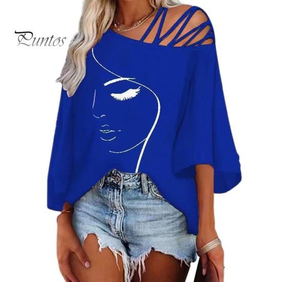 

Женские топы на весну и лето, косой воротник с ремешками и рукавами 3/4, блузка с принтом лица, свободная футболка, уличная одежда 2XL королевский синий