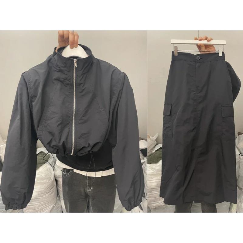 2024 Spring High Waist Button Long Skirt Short Long Sleeve Sports Coat Two Piece Set Women Solid Casual Shirt Y2k 2 Pieces Set