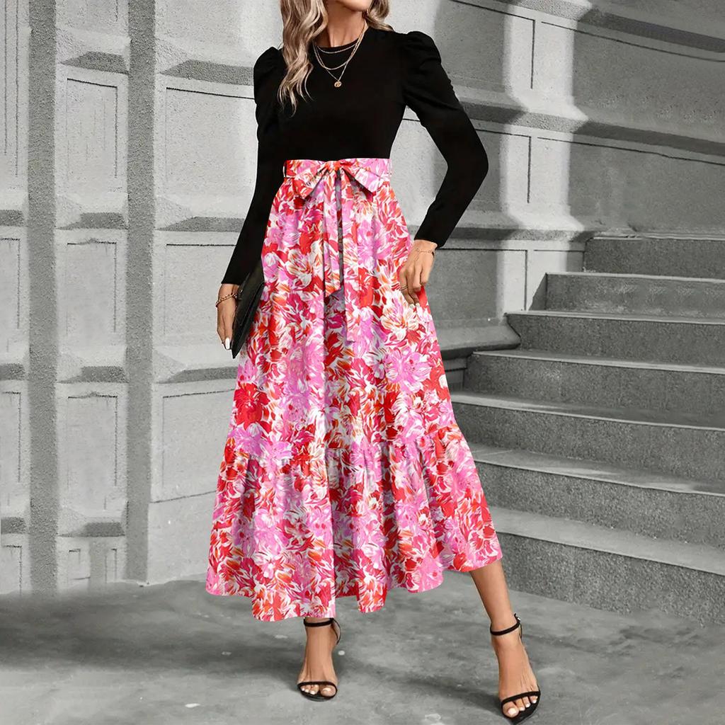 Sukienka damska z nadrukiem kwiatowym i wysokim stanem, modna i elegancka