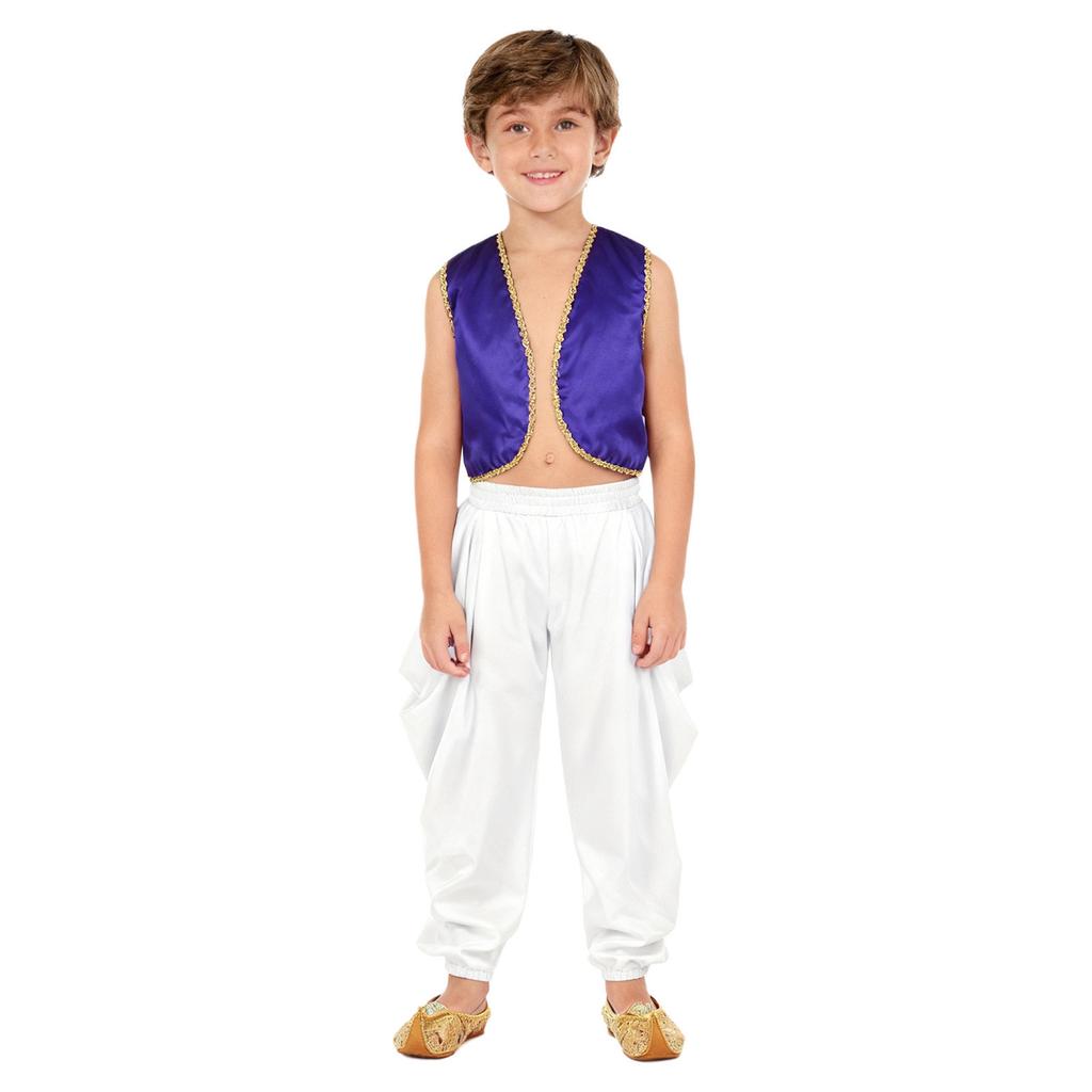 Kinder 2-teilige arabische traditionelle Kleidung Offene Weste mit goldenem Besatz und lockere Hose mit elastischem Bund für Karneval Kostüm