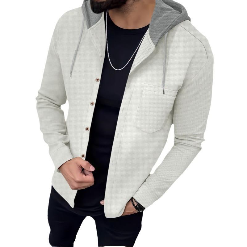 Spring Autumn New Men Solid Color Minimalist Casual Versatile Single Breasted Hooded Cardigan Outerwear Color Block Pocket Top