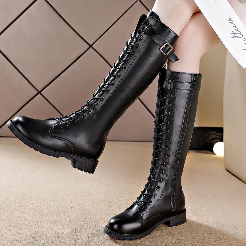 Mais bottes Martin au genou pour femmes 2025 hiver nouvelles bottes simples velours étudiant longues bottes fines à lacets version coréenne bottes pour femmes