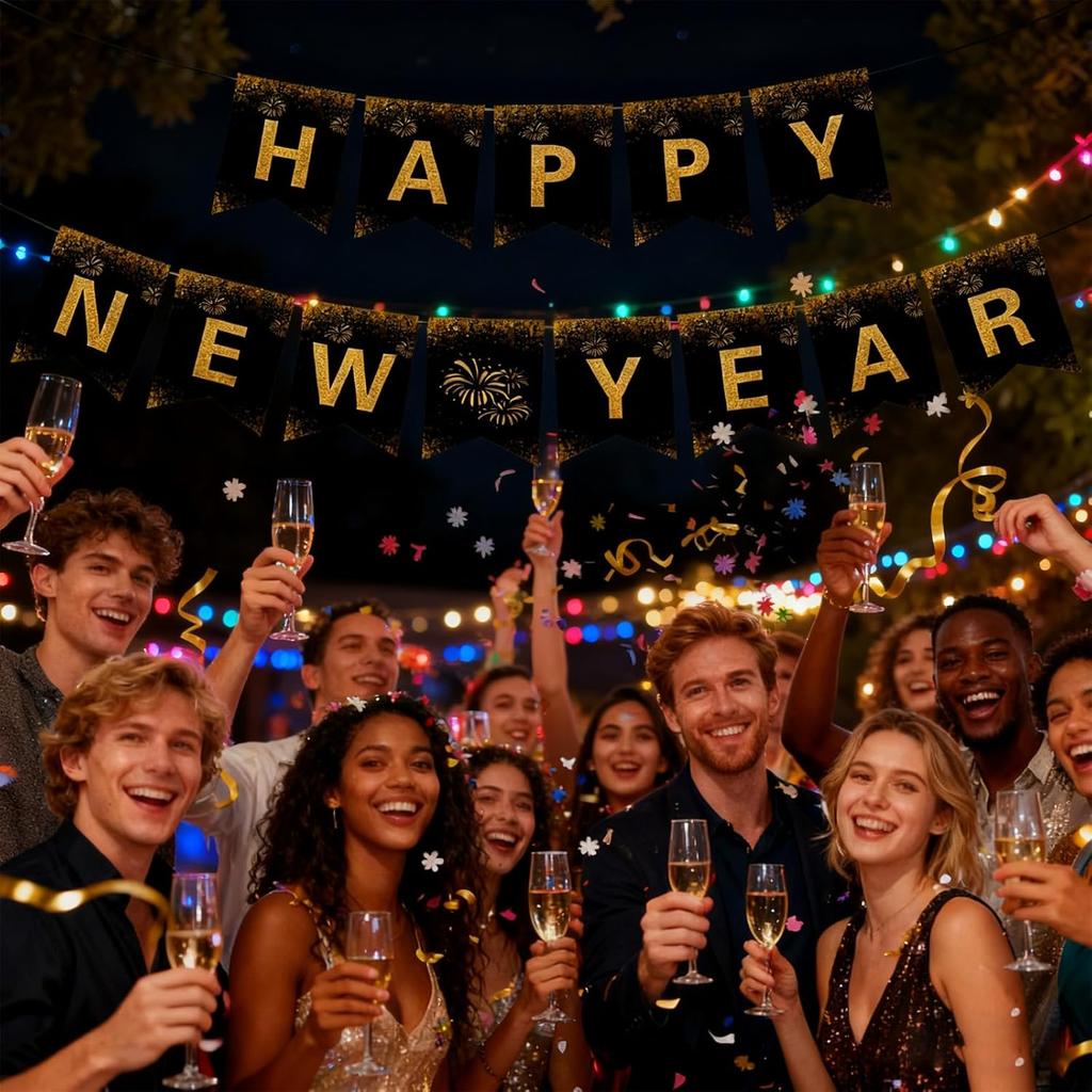2026 Happy New Year Banner, Black and Gold Party Decorations New Year's Day Gala Party Decorations and Hanging Ornaments