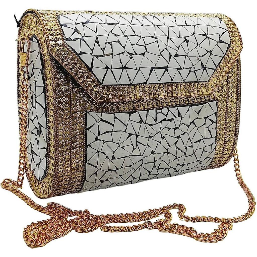 White Women Clutch Antique Indian Handmade Square Mosaic Metal Bag Women/Girls Bridal Metal Clutch