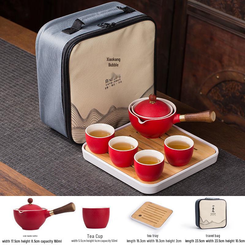 Compact Travel Tea Set with Automatic Rotating Teapot and Side Handle Kung Fu Cups