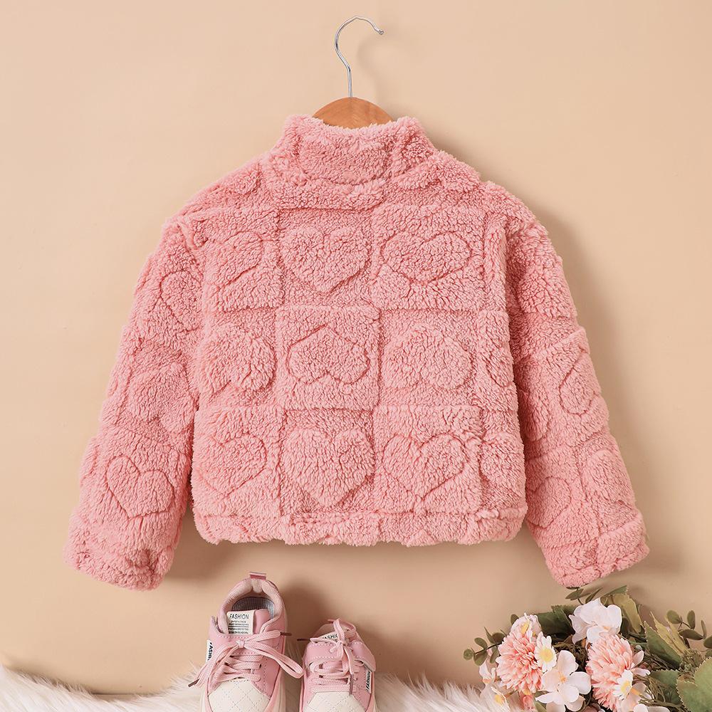 Kinderbekleidung Neuer Herbst Winter Herz Jacquard Plüsch Niedlicher Mantel für Mädchen