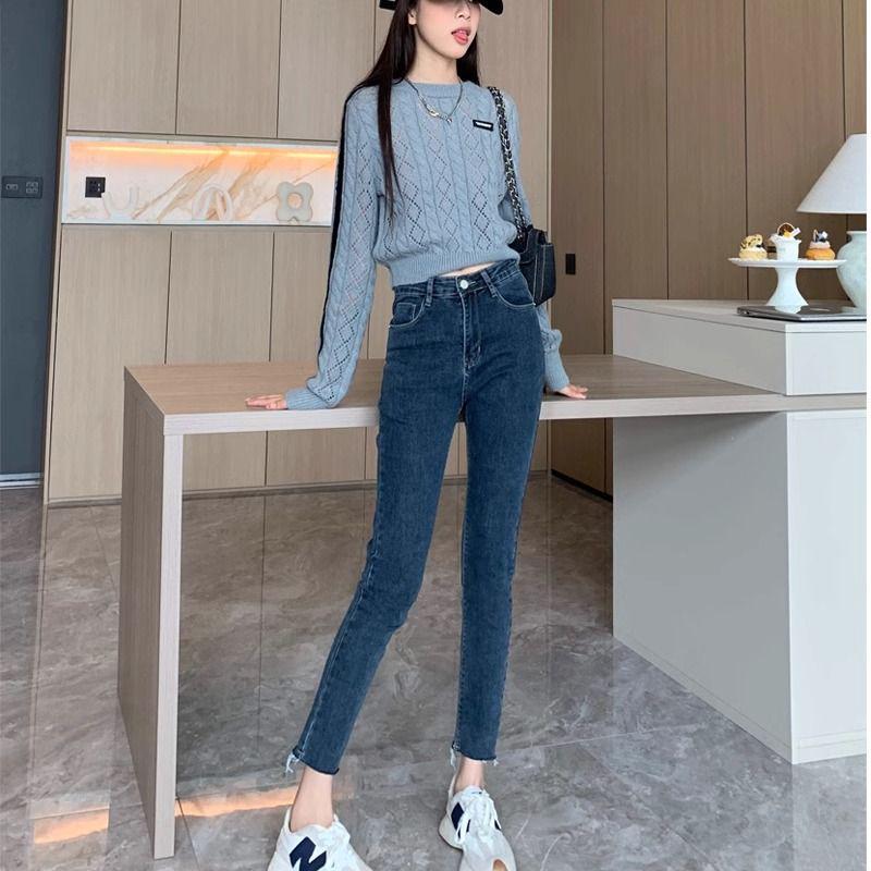 

Women s High-Waisted Black-Grey Denim Jeans, 2025 Style, Cropped, Slimming, Frayed Hem, Stretchy Skinny Pencil Pants 30