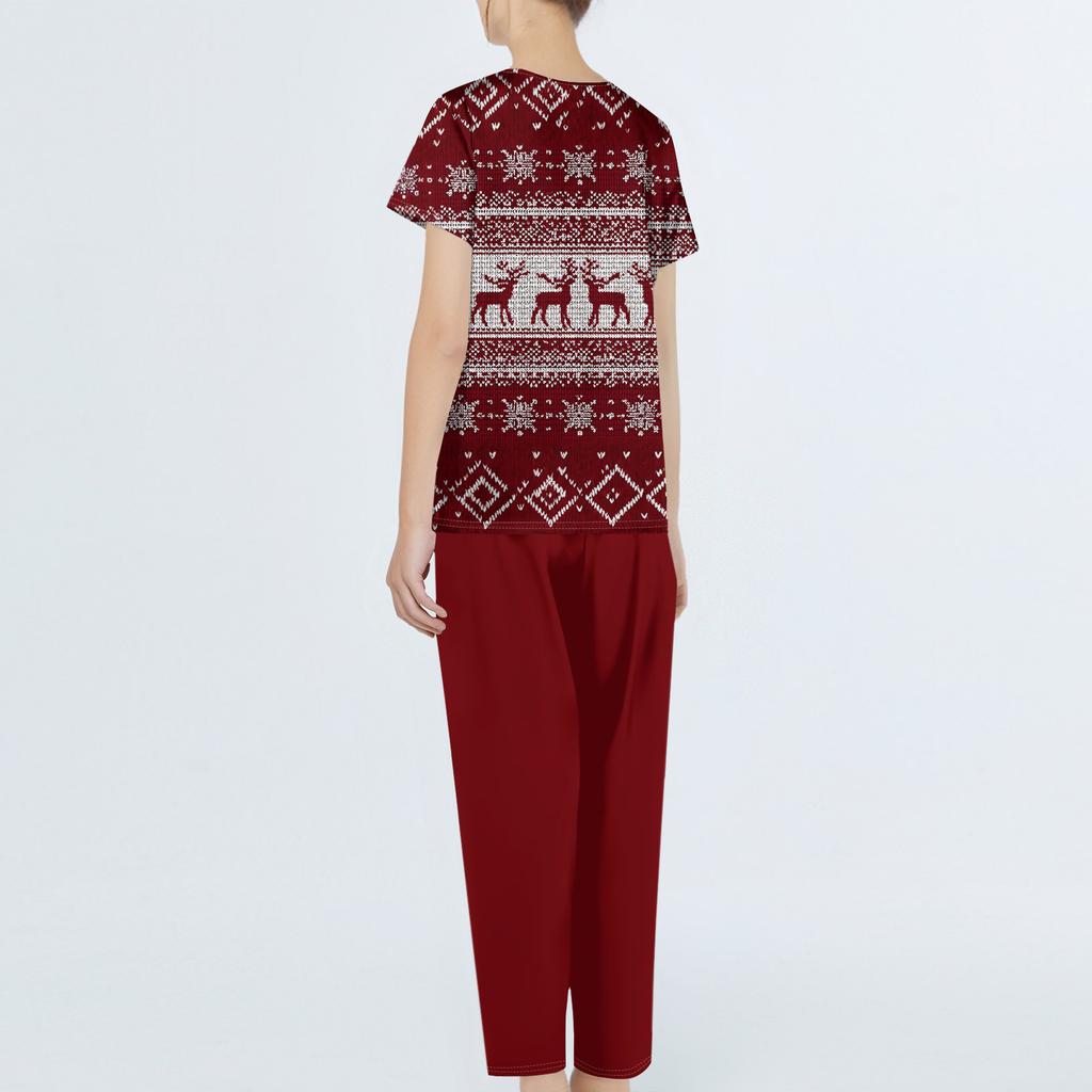 Women's Christmas Print Short Sleeve Scrub Two-Piece Set with Pocketed Top and Pants