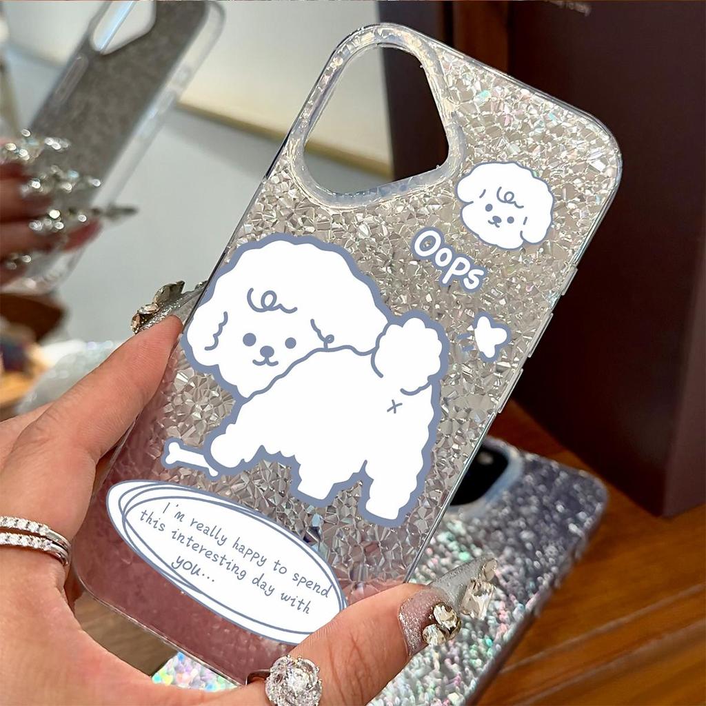 Чехол с изображением шаловливого щенка для iphone 15 Air 18 Pro Max XS Max 16 Plus 14 17 Pro 13 12 11 XR Серебристый фон с трещинами и блестками