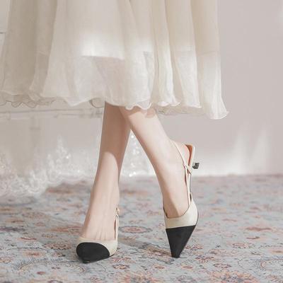 9560-1 Women's Summer French Style Pointed Toe Mid-Heeled Stiletto Sandals with Color-Matching Design