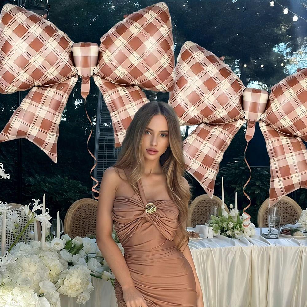2Pcs /12Pcs New 18inch Bow Foil Balloon 38inch Cream Bow Aluminum Foil Balloons Brown Plaid Balloon Decoration Baby Shower