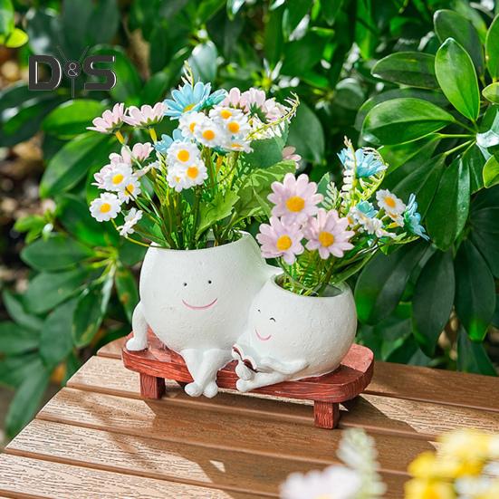 Smile Face Planter Resin Reading Lady Head Girl Face Flower Pot Double Head Succulent Planter with Drainage Hole for Home Office Balcony