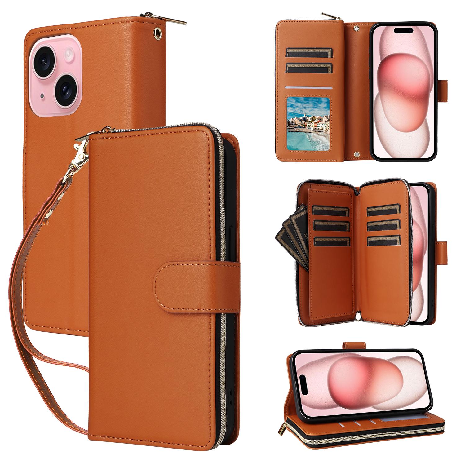 

R20 For iPhone 15 Case Zipper Pocket PU Leather Cover with 9 Card Slots Brown