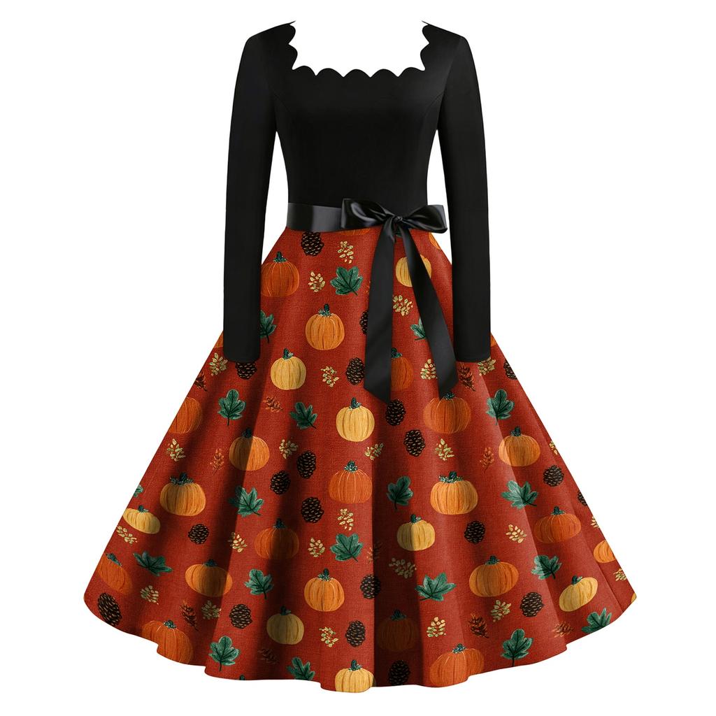 Women's Retro Long Sleeve Square Neck Halloween Print Party Dress