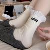 Mary Jane Korean-Style Double-Needle White Lace Ruffle Women's Socks with Miu-Inspired Letter Fabric Label