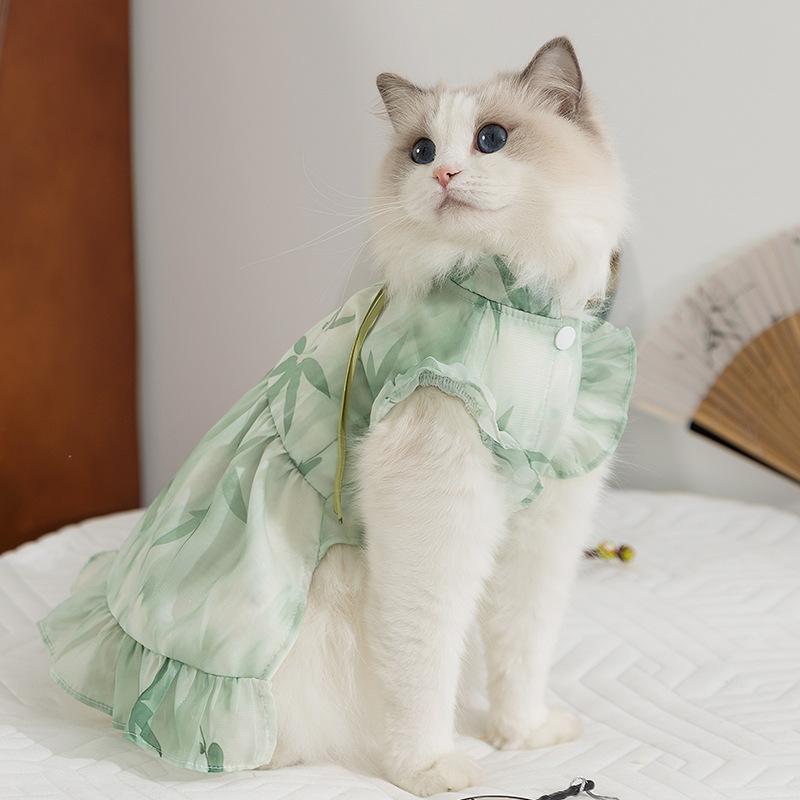 Cat clothes spring and summer Chinese ink danqing dress thin mesh blue cat hairless cat pet clothes