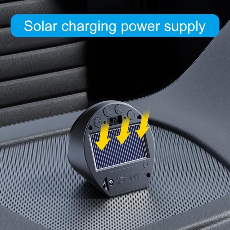 Car Digital Clock Solar Powered Date Week Clock with Temperature Display Automotive Dashboard Round Clock
