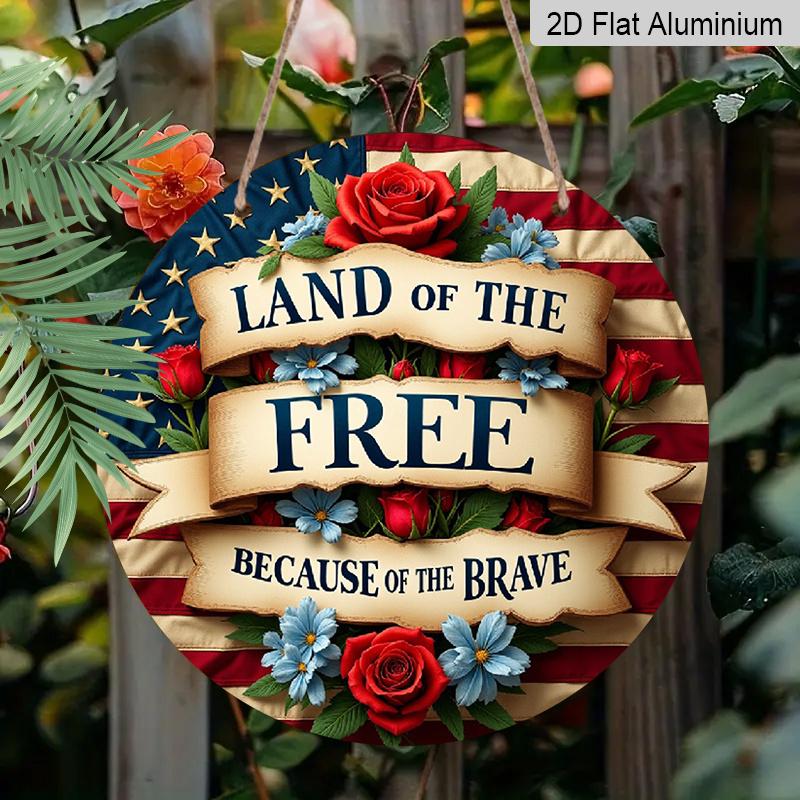 2D Flat, "Land of the Free, Because of the Brave" Patriotic Wreath Flag - Vintage Style Art, 7.87x7.87 Inches Decor for Home, Garden, Bar, Cafe