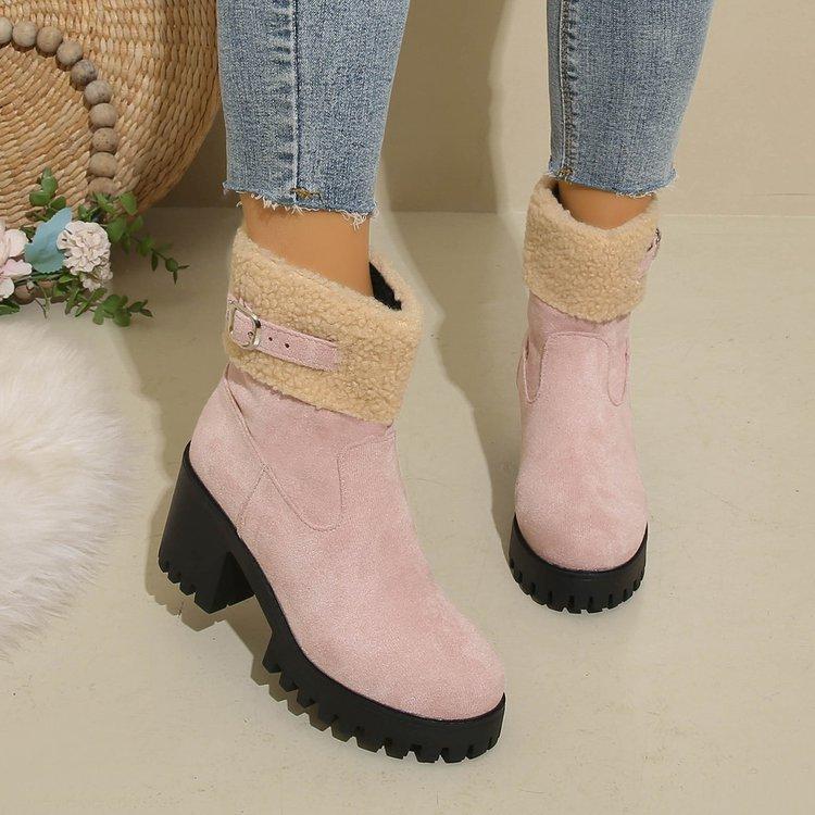 Womens Belt Buckle Large Size Soft Sole Winter Warm Fur Snow Boots Padded Lined Ankle Boots Non-Slip Hiking Casual Sports Cotton Boots Martin Boots