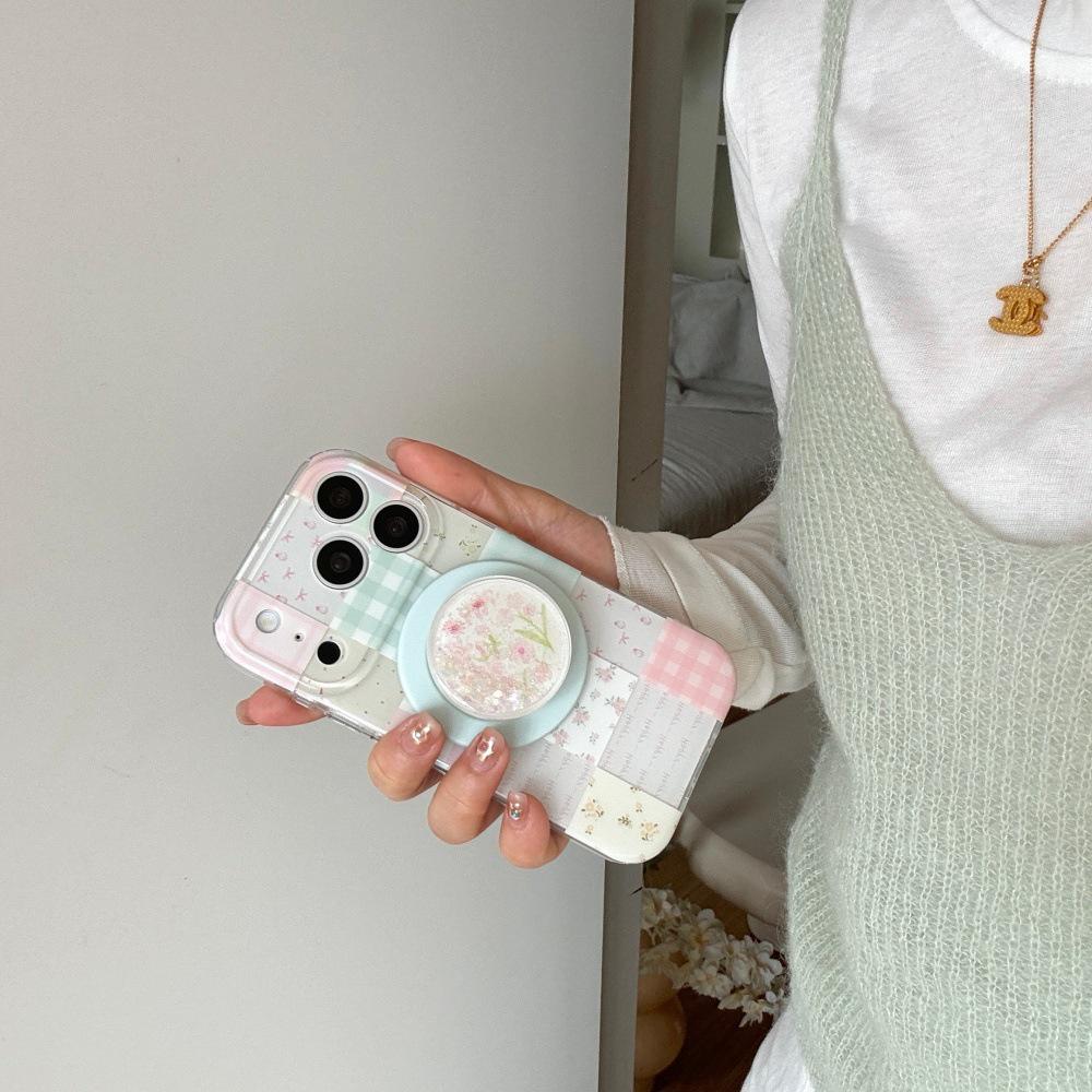 INS Korean Style Floral Plaid Patchwork Phone Case with Magnetic Adsorption for iPhone 17/17 Pro Max