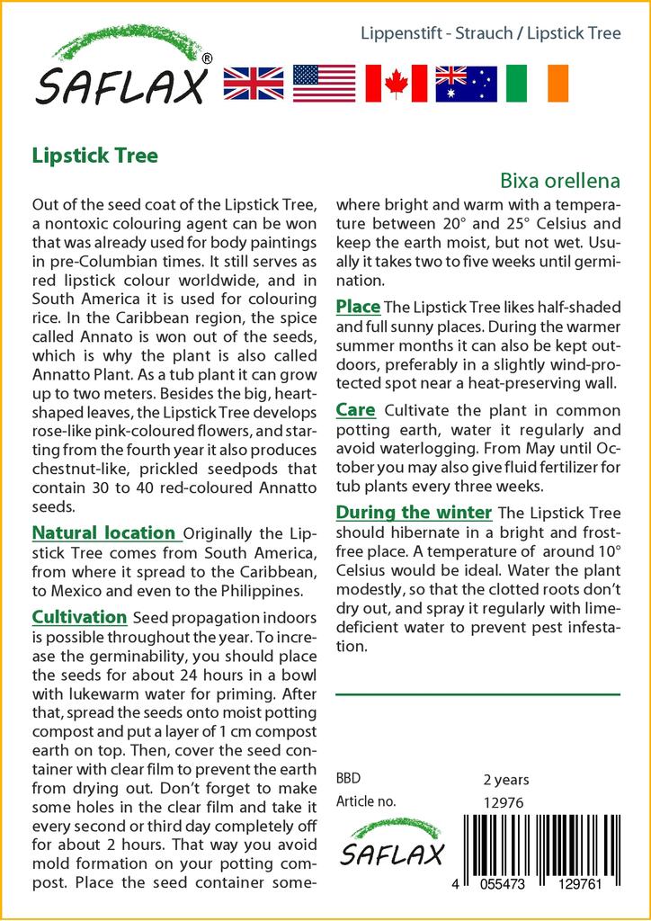 SAFLAX Gift Set - Lipstick Tree - 20 Seeds - With Gift Box, Card, Label and Potting Substrate - Bixa Orellena