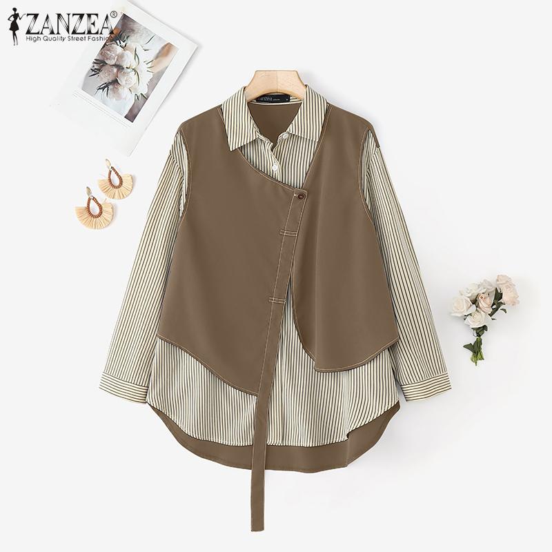 ZANZEA Women Casual Stripe Print Patchwork Loose Long Sleeve Blouse