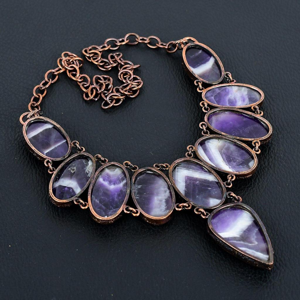 Chevron Amethyst Necklace, Copper Electroformed Gemstone Handmade Dainty Jewelry Necklace, Adjustable Chain Necklace Gift For Her