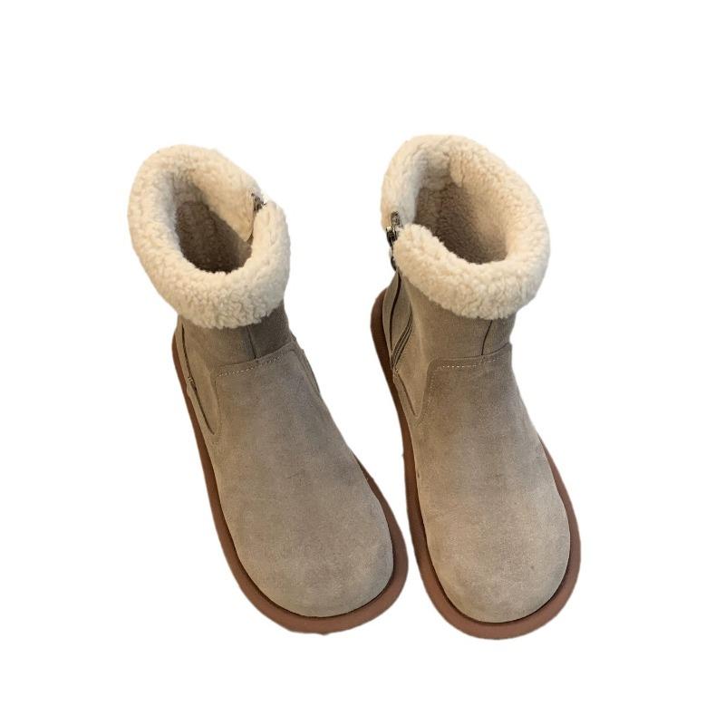 Schneestiefel mit dicker Sohle für Damen Winter neue Retro Samt Baumwollschuhe, flachsohlige hässlich-süße flauschige kurze Stiefel für Damen