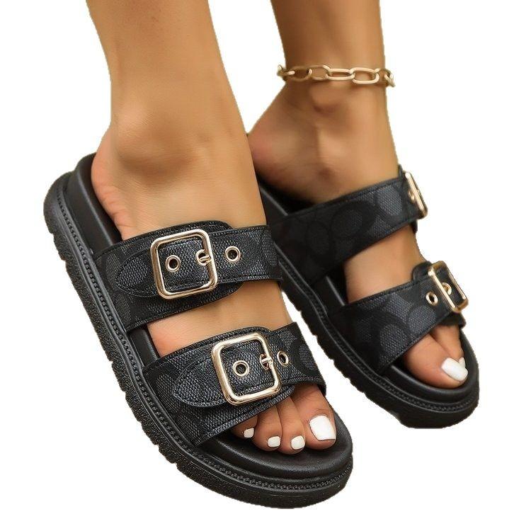 Large Size 2025 New Summer Cool Slippers Women's One-word with Double Buckle Thick-bottomed Casual Women's Slippers Outer Wear