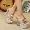 Fashion 12cm New Sexy Patent Leather Slippers with Super High Heels and Thin Buckle Strap Waterproof Platform Women's Shoes