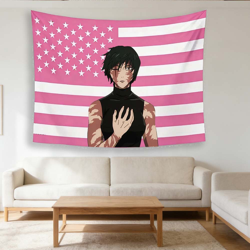 JJujutsu Kaisen Maki Zenin Tapestry Pink American Flag Anime Wall Hanging Manga Character Poster Tapestry for Bedroom Otaku
