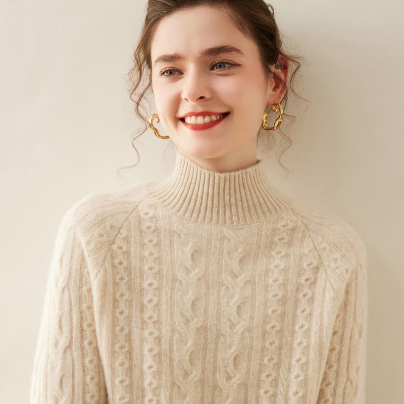 Women's Cashmere Cable Knit Sweater, Half-High Neck, Thick, Slimming, Loose Fit, Warm Base Layer for Autumn and Winter.