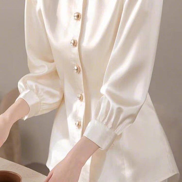 Jarní francouzské super krásné topy jsou jedinečné, krásné, lehké a luxusní, stárnoucí módní acetátová saténová košile