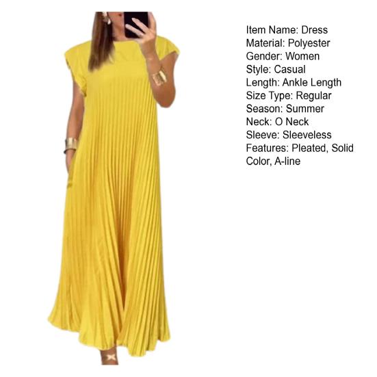 Summer Women Dress Pleated Sleeveless Round Neck Loose Solid Color Breathable Soft A-line Side Pockets Ankle Length Casual Commute Vacation Beach Maxi