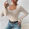 Autumn Square Collar Slim Fit Casual T Shirt for Women Fashion Vintage Flare Long Sleeve T-shirt Women Elegant Solid Winter Base Lady Tee Tops 25178