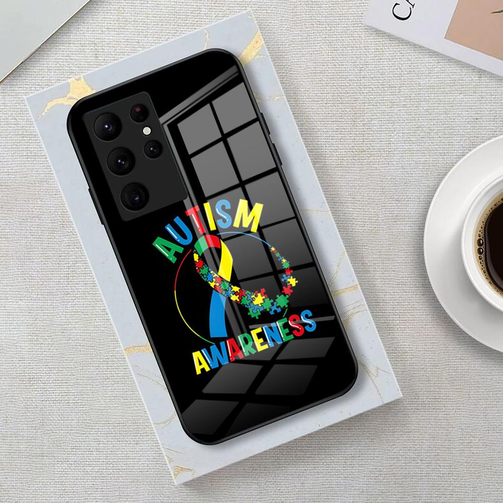 Autism Support Puzzle Phone Case For Samsung S26 S25 Edge Ultra 23 22 21 20 Ultra Plus S24 Fe Glass Cover