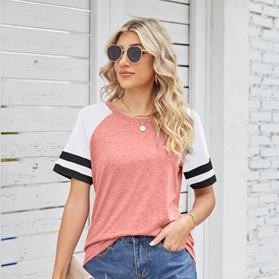 Damen Frühling und Sommer Locker Gestreiftes Oberteil Rundhals Splicing Kurzarm T-Shirt