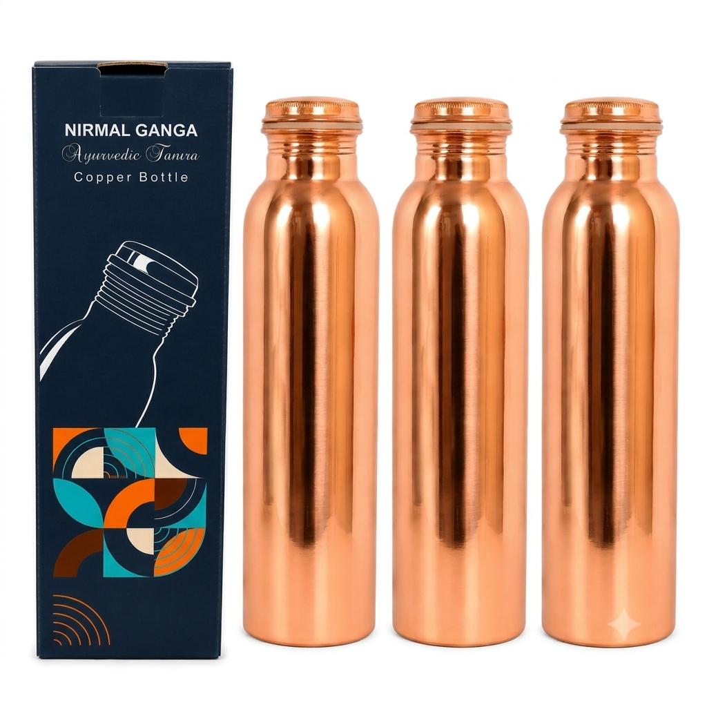 Set di Bottiglie d'Acqua in Rame Puro Nirmal Ganga - 1 Litro Ciascuna, Design Semplice Premium, Qualità Superiore in Rame Puro//Confezione da 3