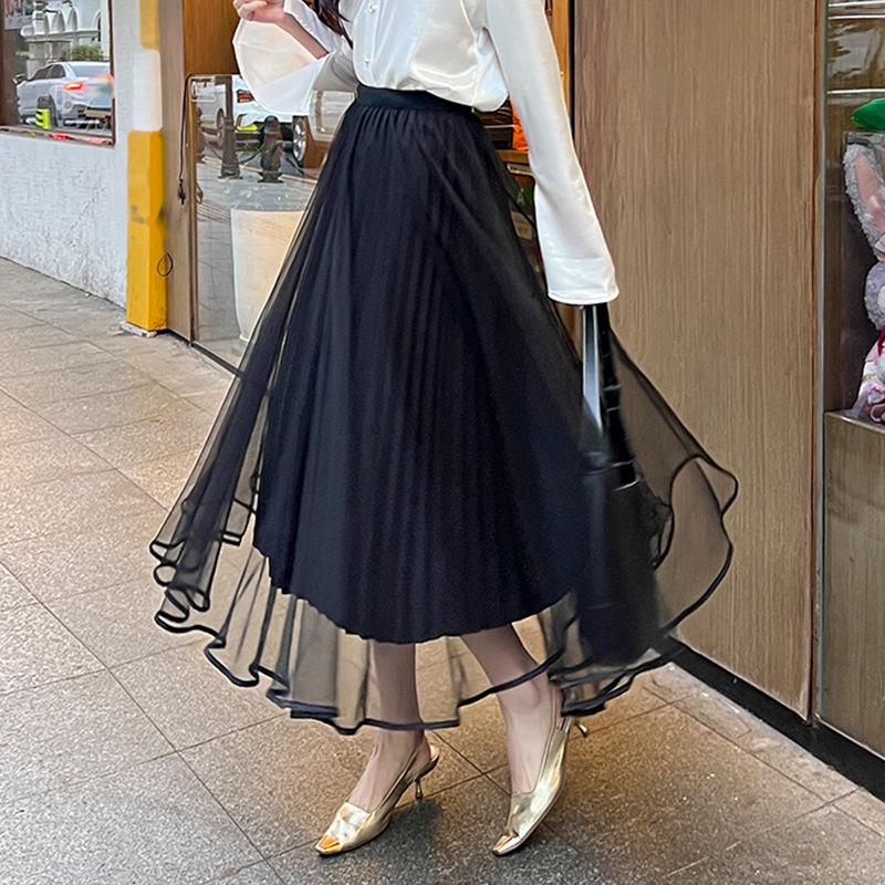 

Feiyuan Women s Spring High-Waist Slimming Mid-Length Swing Gauze Skirt One Size чорний