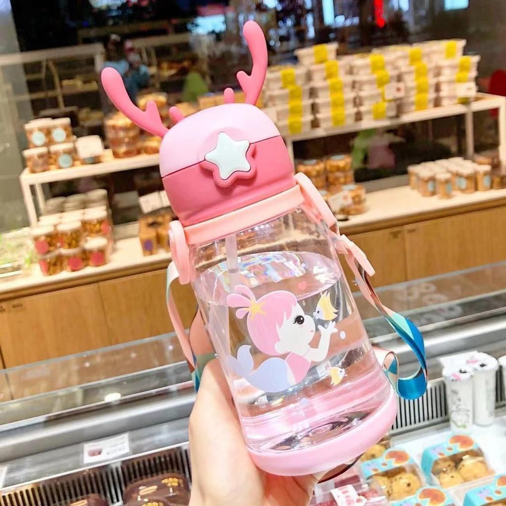 Water Bottle Children's Water Cup Kindergarten Primary School Student Baby Anti-drop Cup Cute Girl Student Antler Kettle with Straw