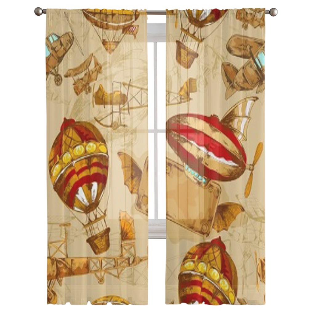 Luftfahrttransport Alter Stil Luftfahrtmaschinen Nahtloses Muster Tüll Transparente Vorhänge für Wohnzimmer Voile Organza Vorhang