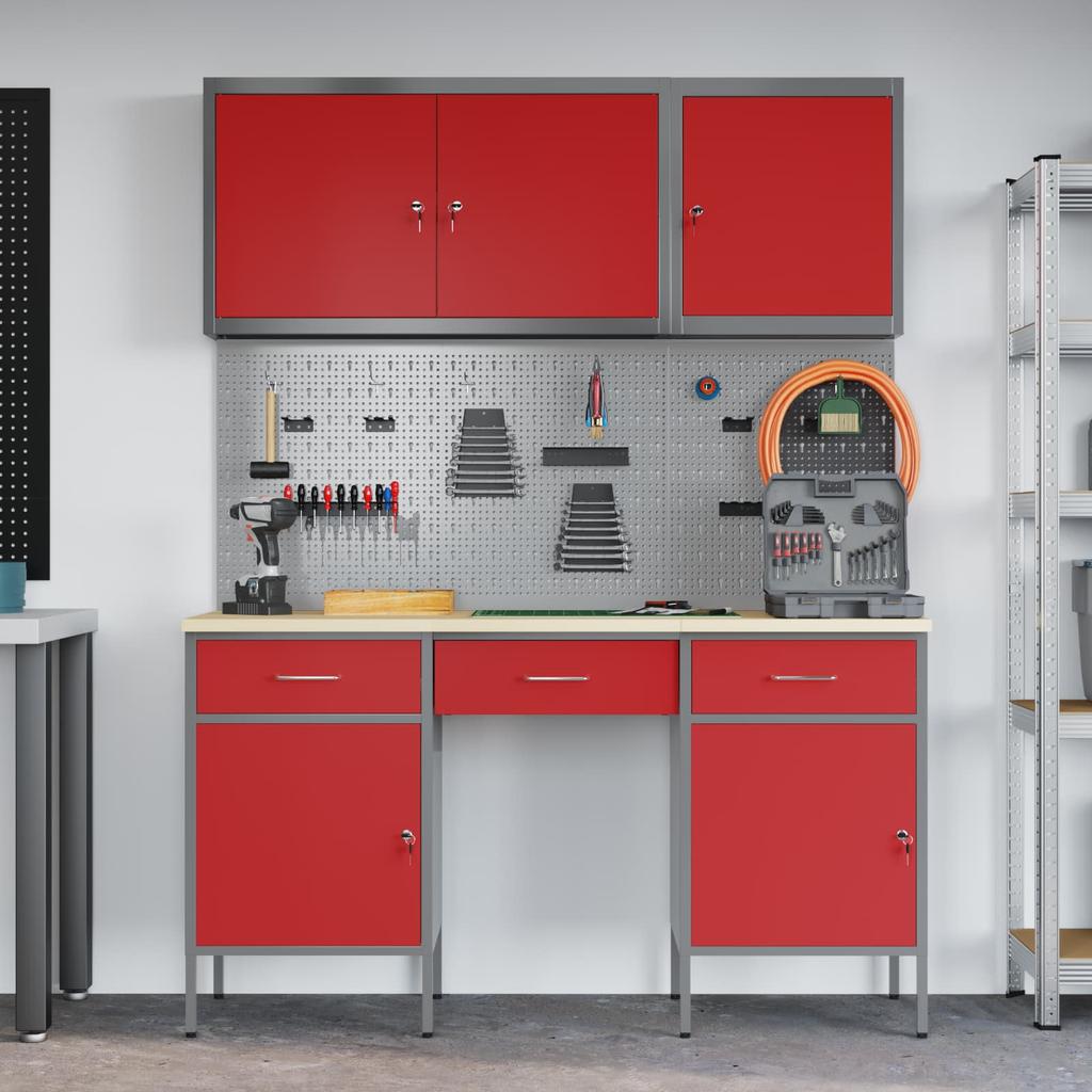 Workbench with Drawers 10 pcs Red Engineered Wood and Steel