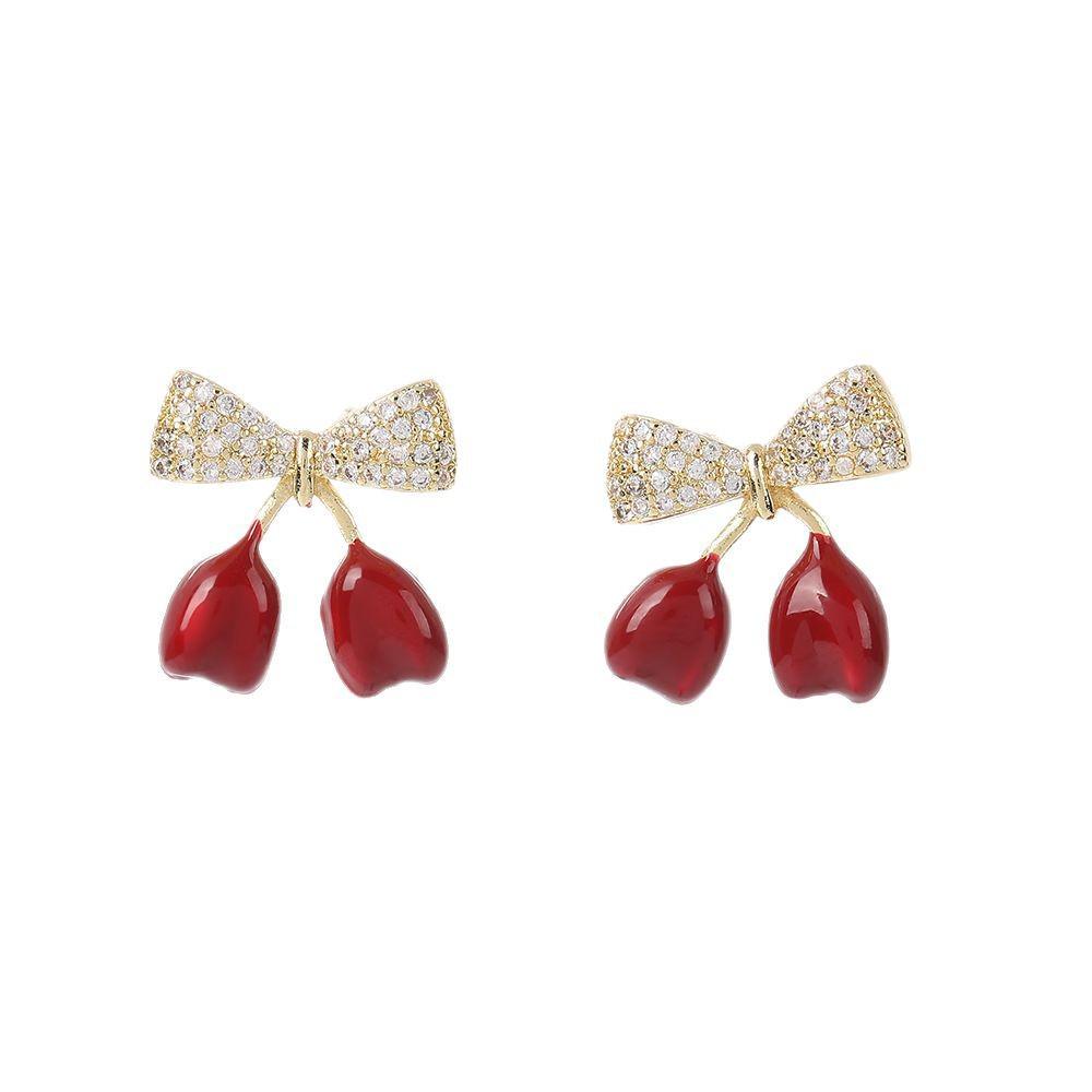 Elegant French S925 Silver Bow Cherry Dangle Earrings - Fashionable Micro-Paved Autumn/Winter Jewelry