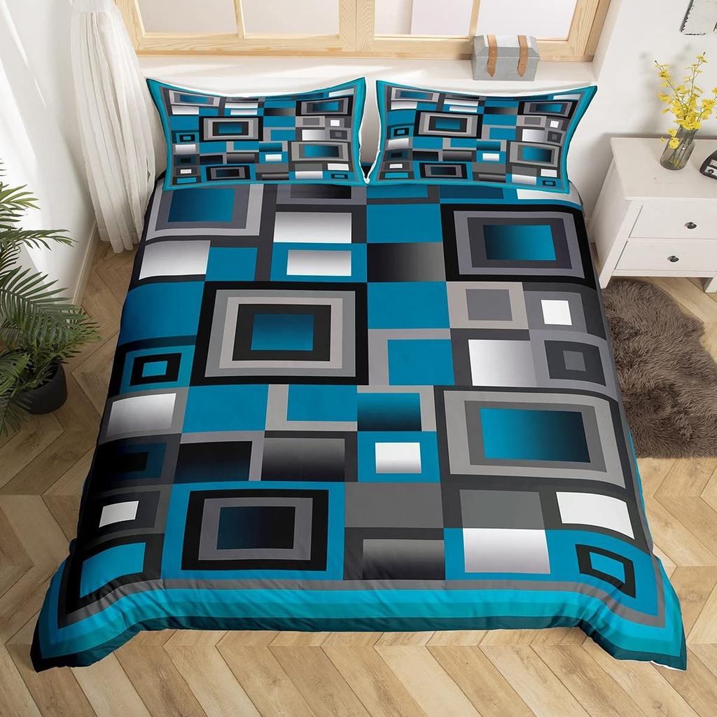 Grid Square Three-Piece Quilt Cover 3D Digital Printing Bedding Set Bed Cover