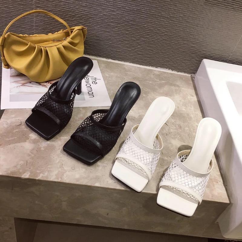 2024 Summer Open Toe High Heel Female Thin Heel Sandal Slip on Mesh Women Slippers Hollow Out Slides Sexy Pumps