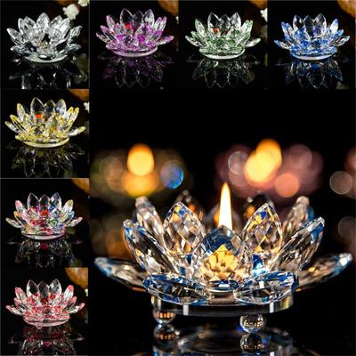 7 Colors Crystal GlassLotus Flower Candle Tea Light Holder Buddhist Candlestick
