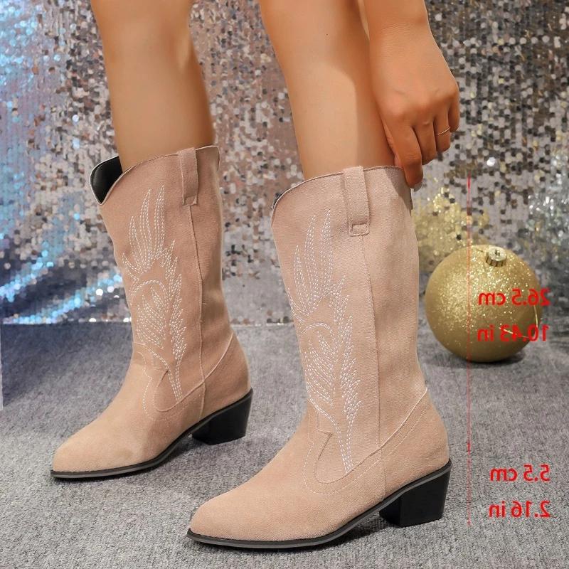Fashion Women Cowboy Boots Fashion Mid Heel Elegant Boots Women Winter Slip On Pointed Toe Boots New Fashion Outdoor Shoes for Women