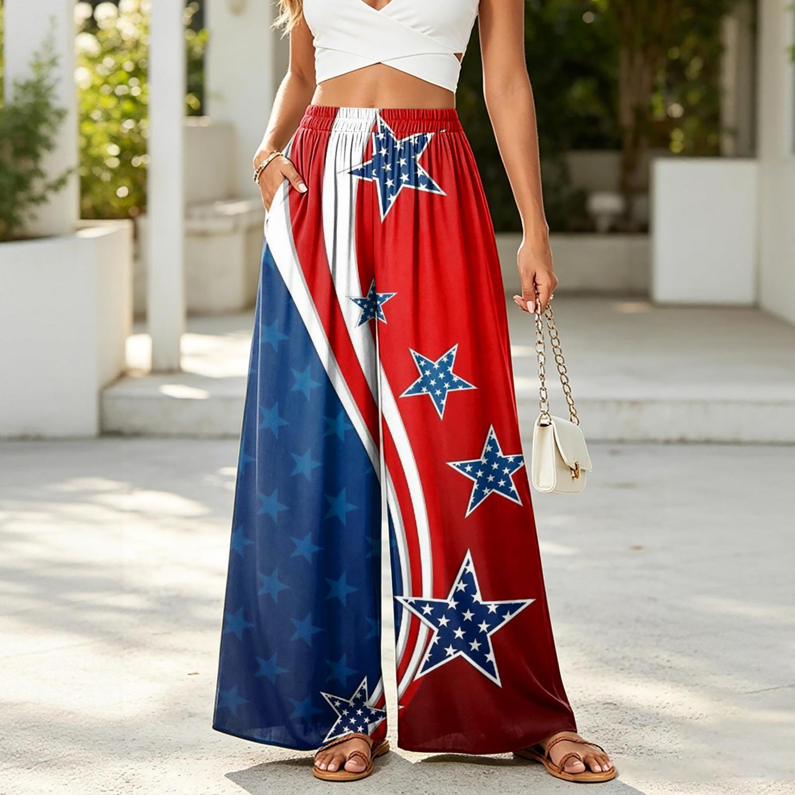 

Women Casual Wide Leg Pants Elastic Waistband Patchwork Print Loose Fit Palazzo Trousers Lightweight Breathable Bottoms for Daily Wear XXL киноварь