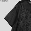 INCERUN Men O Neck Short Sleeve Funny Lace Patchwork Mesh Sheer Loose T-shirts Tee